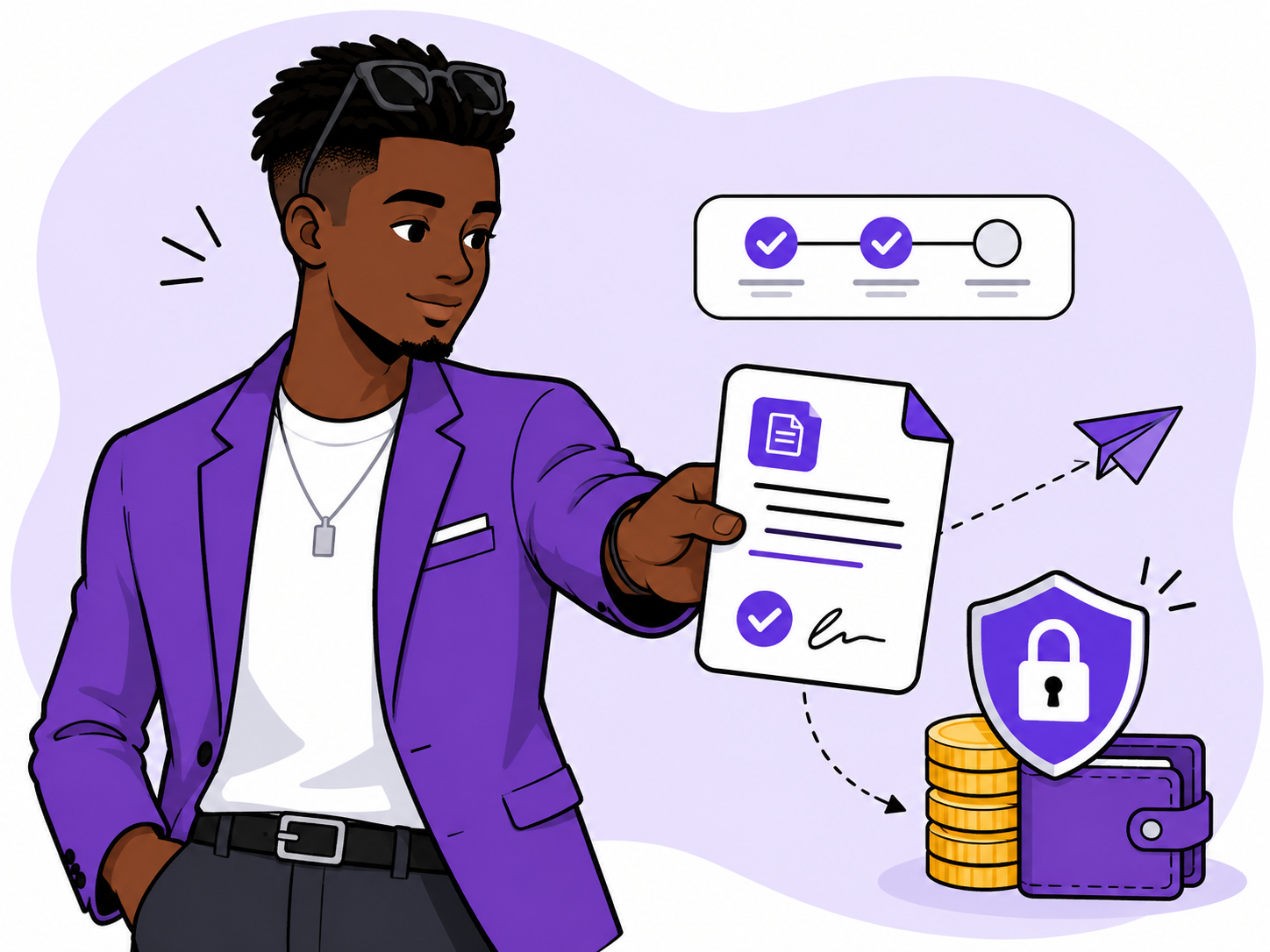 Illustration of a brand sending a brief and locking funds in escrow